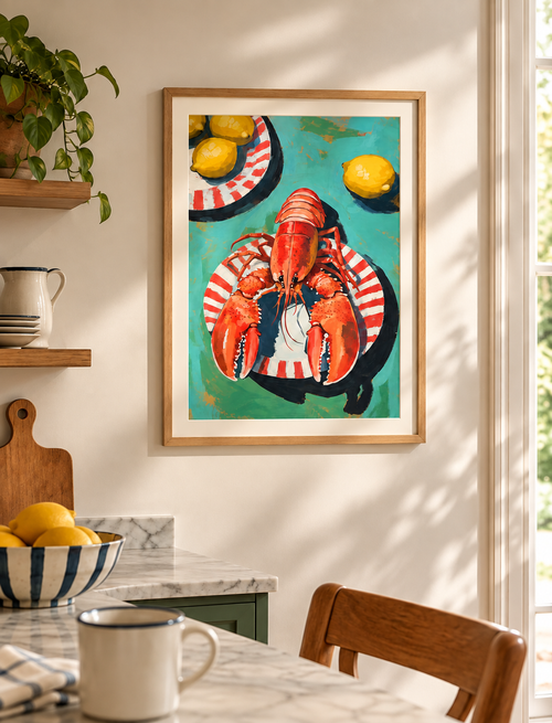 Affiche homard colorée encadrée dans une cuisine lumineuse, avec des citrons et une décoration aux tons naturels.