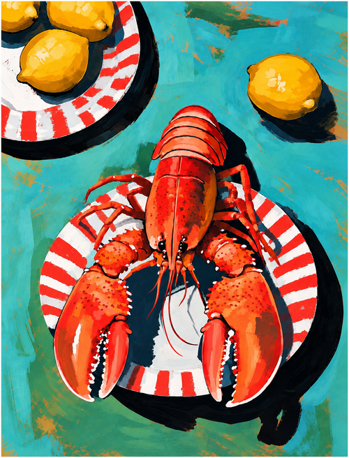 Affiche illustrée d’un homard rouge et de citrons jaunes sur fond turquoise, dans un style pictural coloré.