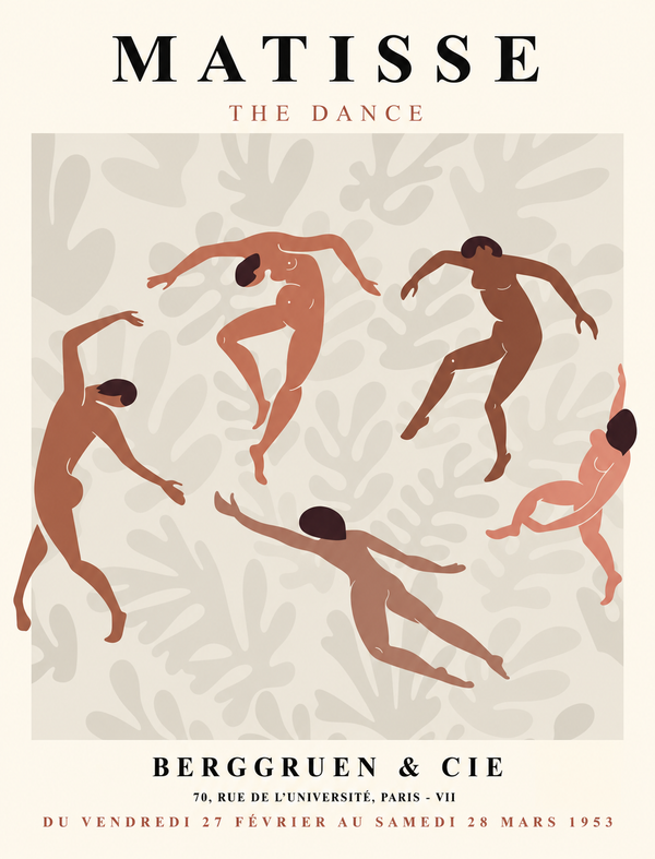 Affiche La Danse d'Henri Matisse : silhouettes couleur terre dansant en ronde sur fond beige
