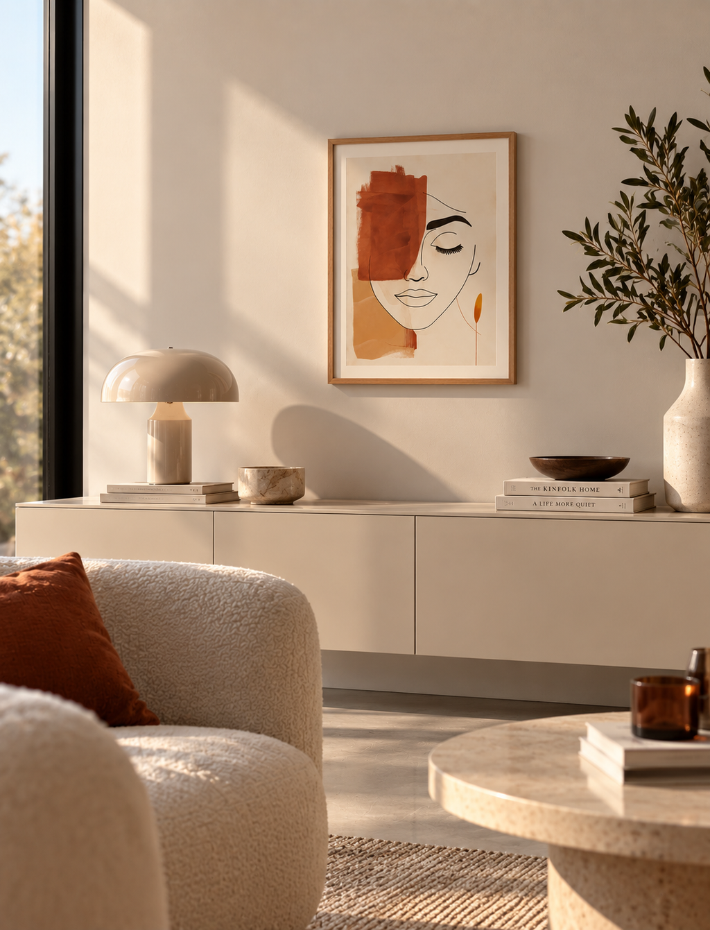 Affiche Terra au visage abstrait en petit format dans un salon moderne et minimaliste aux tons beige et terracotta.