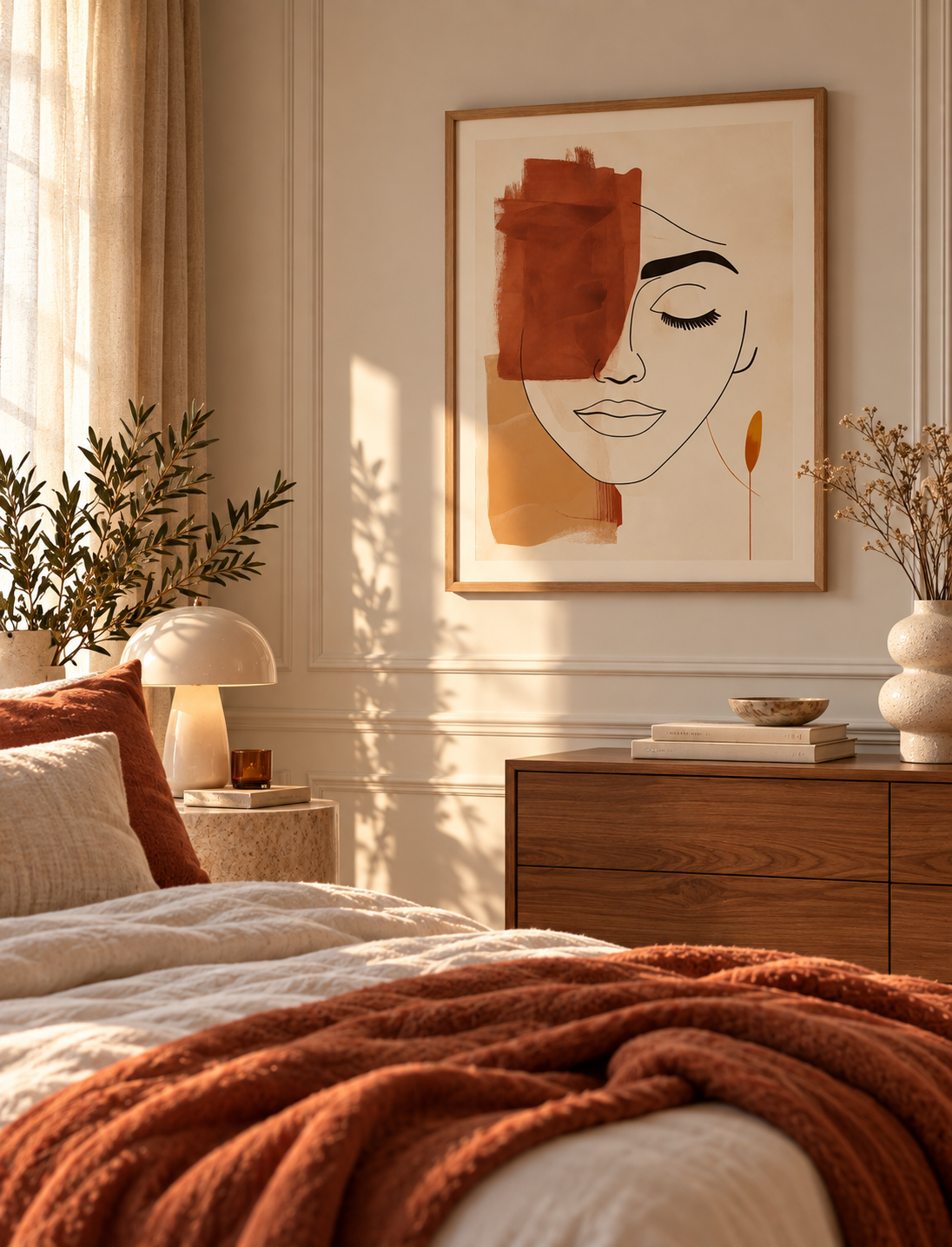 Affiche Terra encadrée dans une chambre chaleureuse aux tons beige et terracotta, avec décoration en bois naturel.