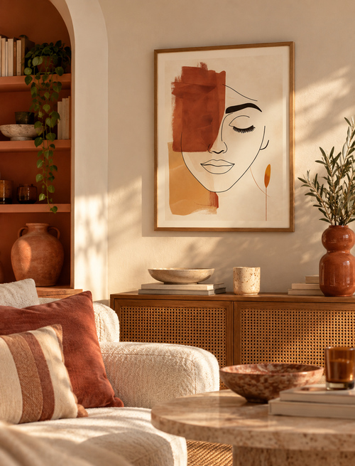 Affiche Terra au visage abstrait dans un salon chaleureux aux tons terracotta, beige et bois naturel.