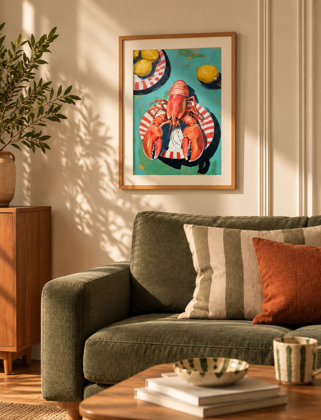 Affiche homard colorée encadrée dans un salon, décoration murale aux tons turquoise, rouge et orange